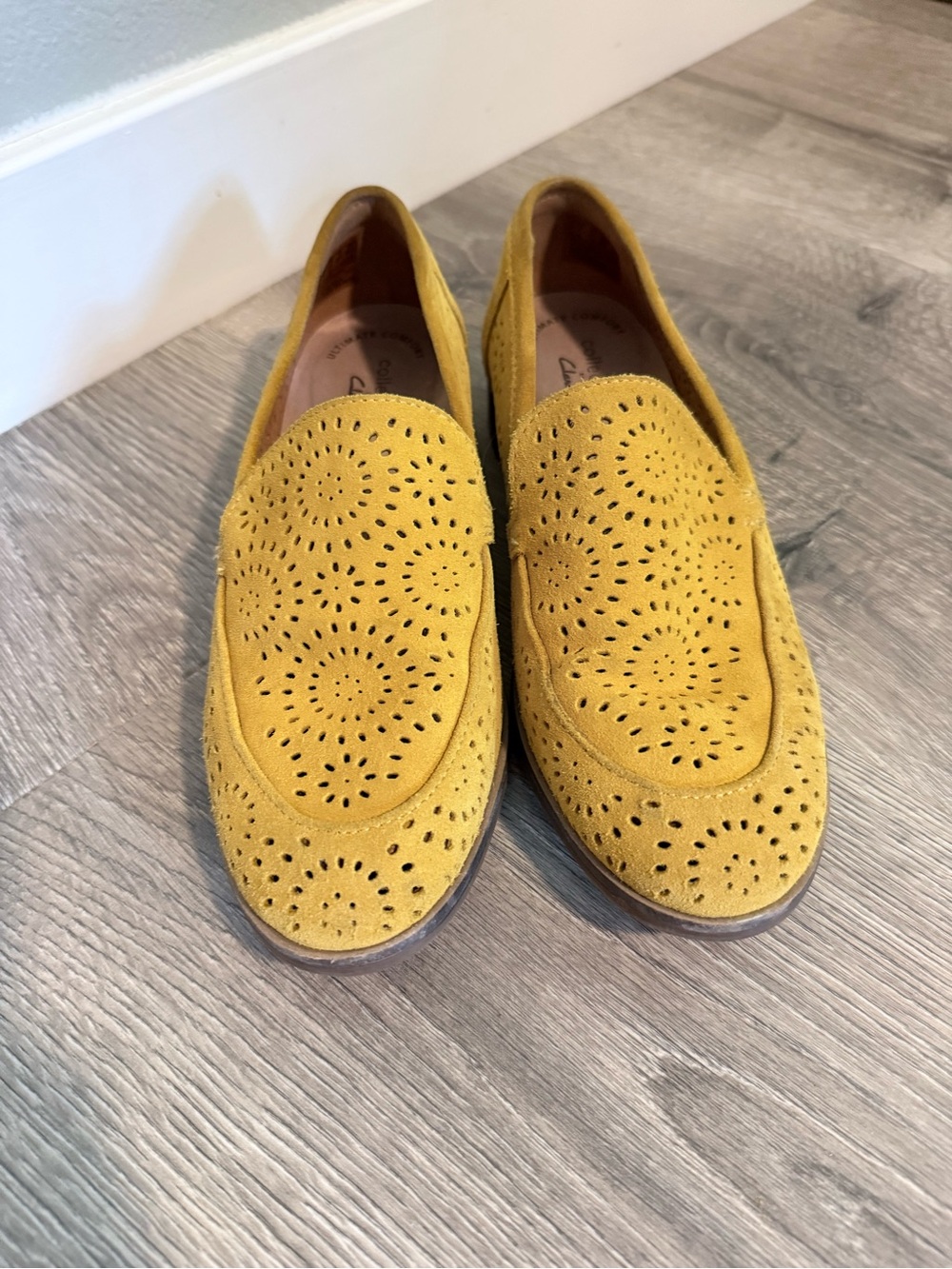 Clarks Mustard Suede Perforated Slip-On Loafers - Picture 2 of 10